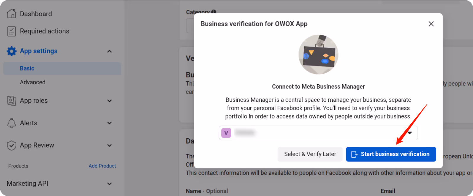 Dialog box with selected portfolio and “Start business verification” button highlighted.