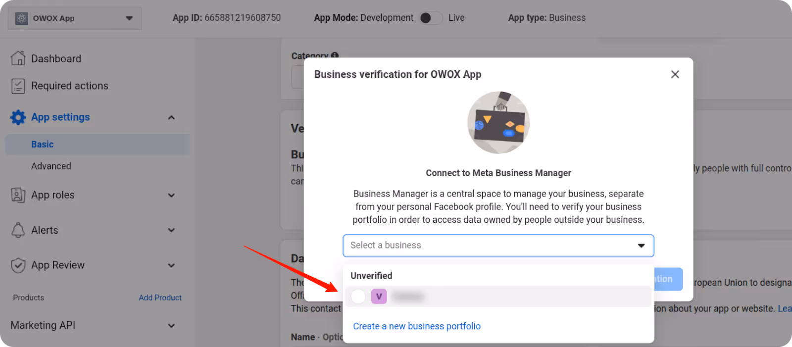 Popup for selecting a business portfolio to begin business verification.