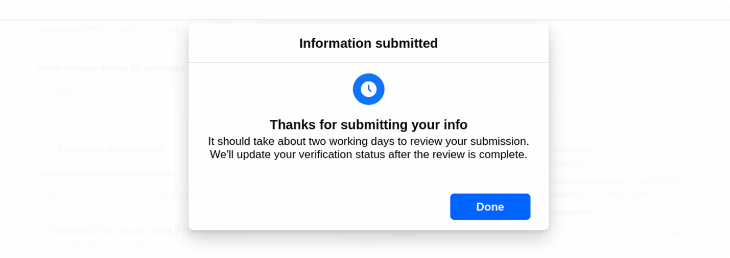 Confirmation message stating business verification info was submitted.