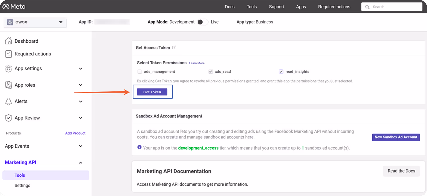 Token generation screen with selected permissions and highlighted “Get Token” button in Meta developer portal.
