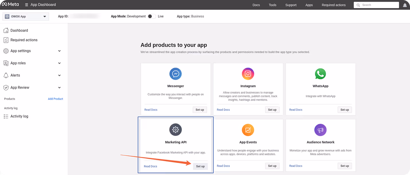 Meta App Dashboard with Marketing API selected to set up for app integration.