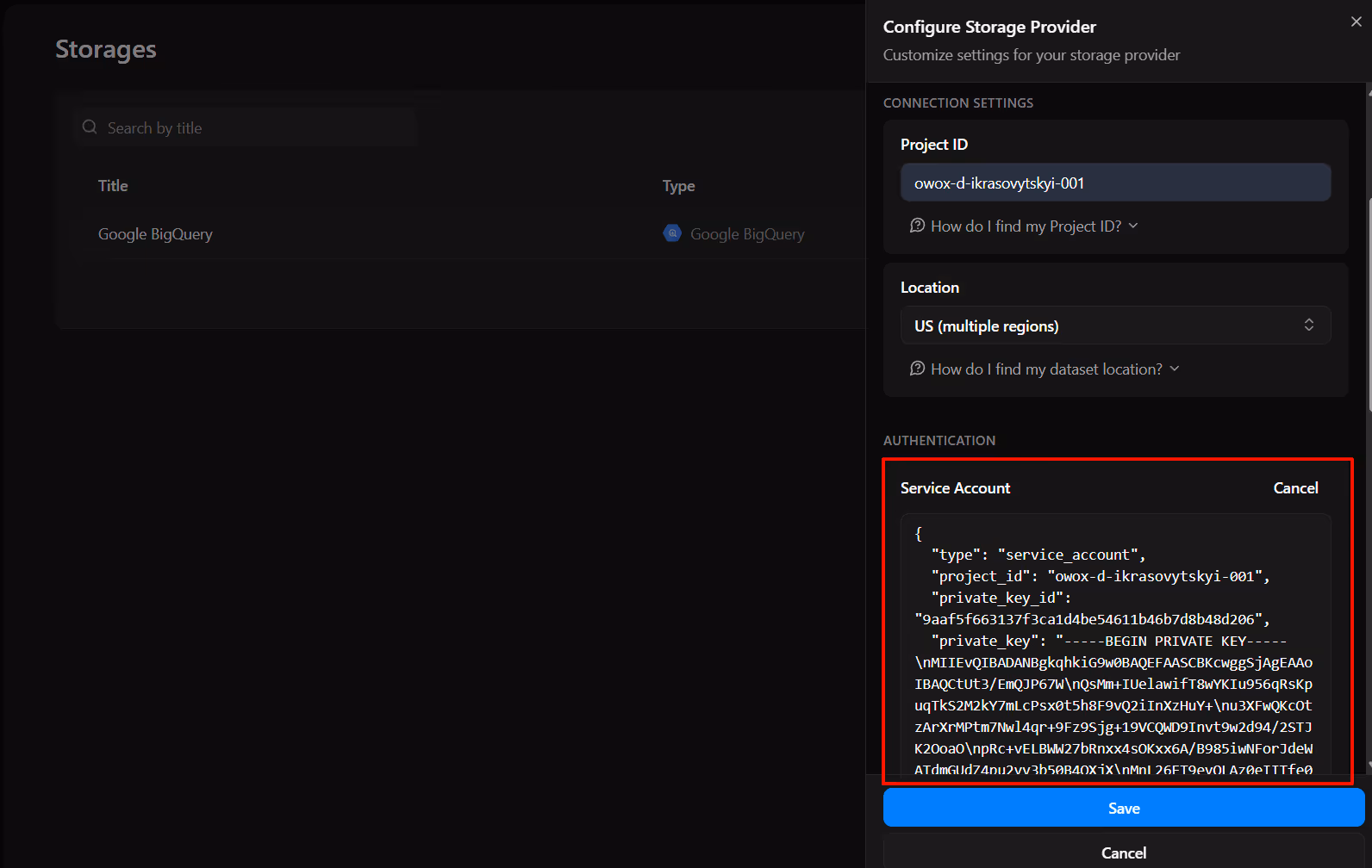 OWOX connector configuration labeled ‘OWOX Service Account JSON Field’ where users paste their service account key for authentication. i-shadow