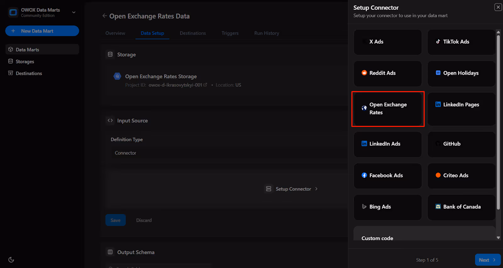 Setup Connector panel in OWOX Data Marts with Open Exchange Rates selected as the connector source. i-shadow