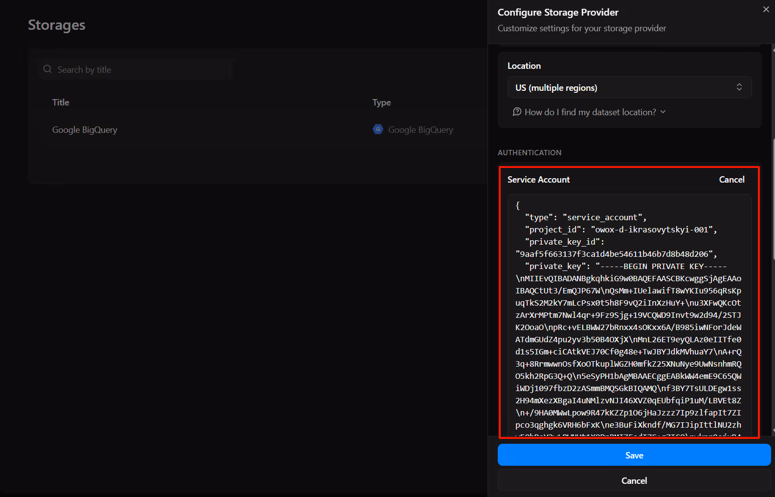 OWOX connector configuration labeled ‘OWOX Service Account JSON Field’ where users paste their service account key for authentication. i-shadow