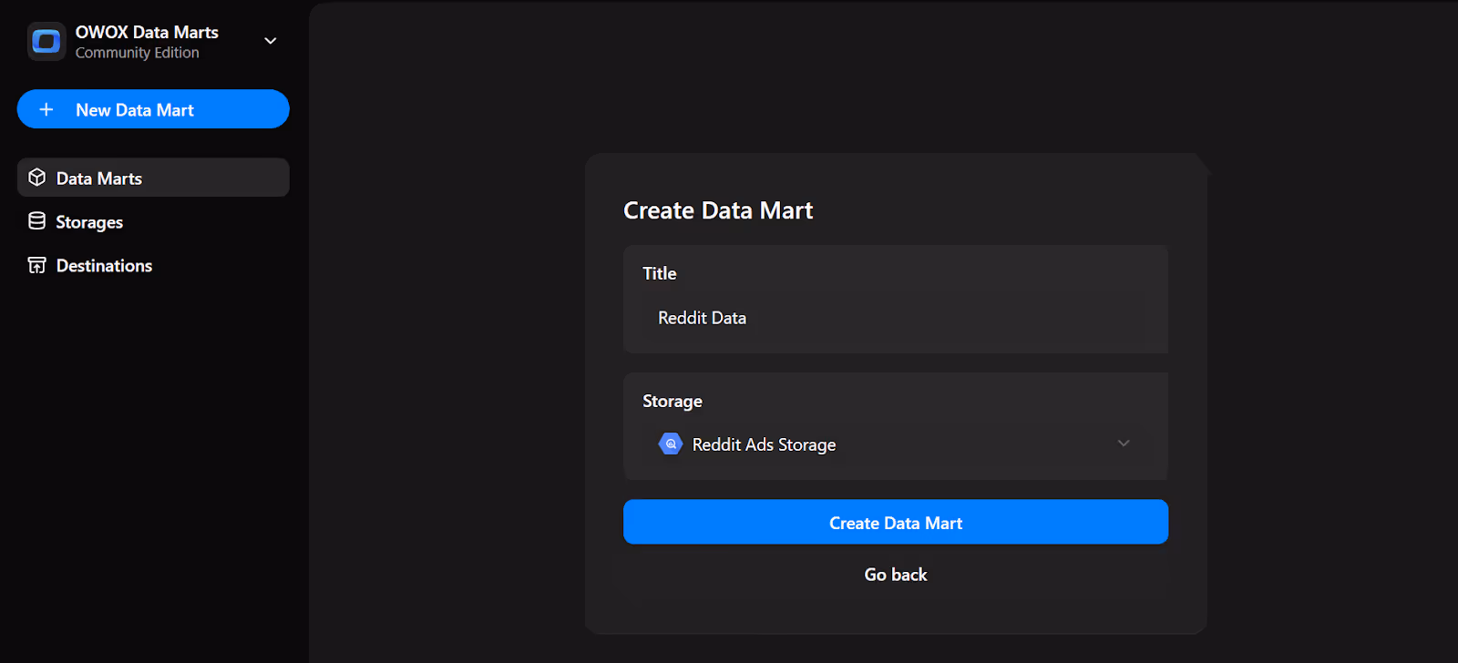 Create Data Mart screen with title set to "Reddit Data" and storage selected as "Reddit Ads Storage". i-shadow