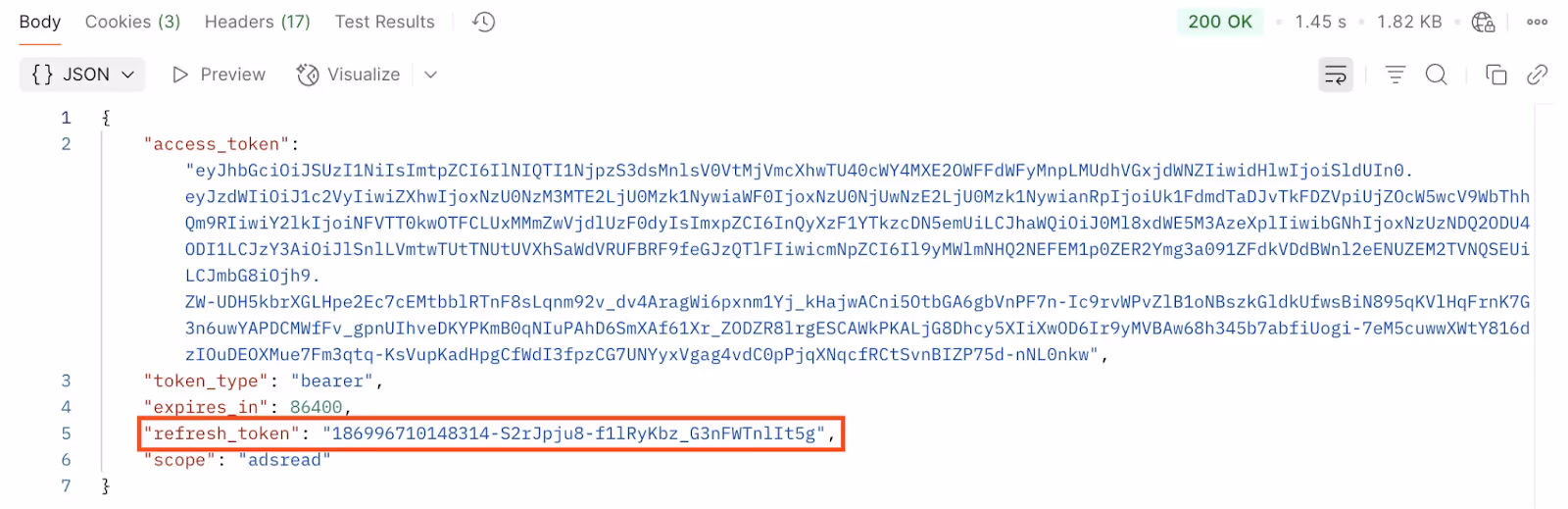 Postman response JSON showing refresh token field highlighted.