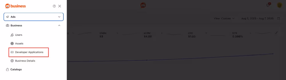 Reddit page with left hand panel expanded with developer applications being highlighted.
