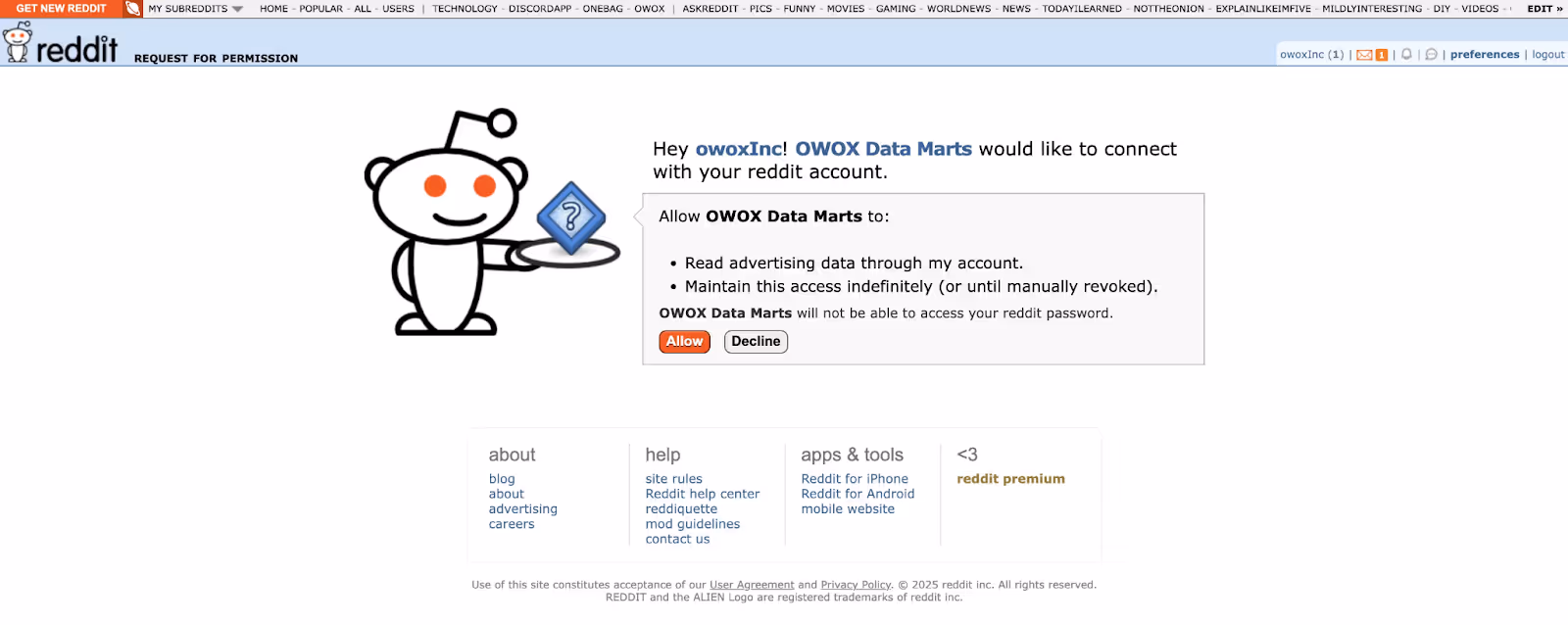 Reddit authorization screen showing OWOX Data Marts app requesting permission with an “Allow” button.