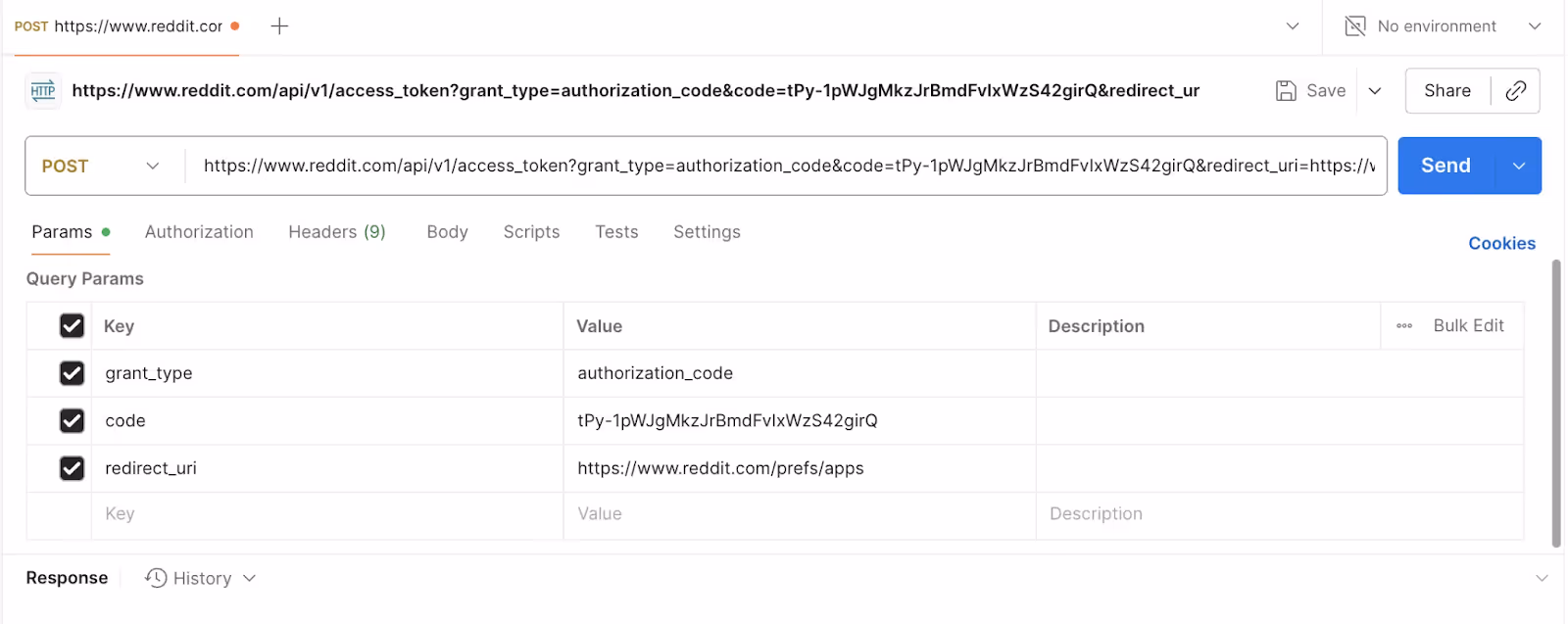 Postman setup showing params for grant type, code, and redirect URI.