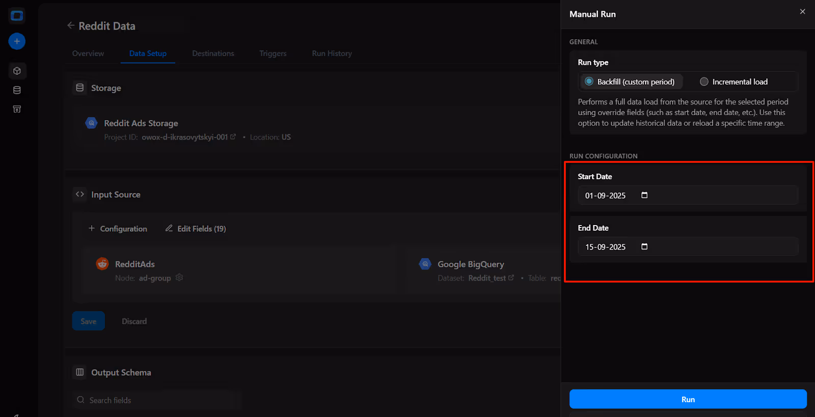 Manual Run configuration panel in OWOX Data Marts showing run type options and fields to set start and end dates. i-shadow