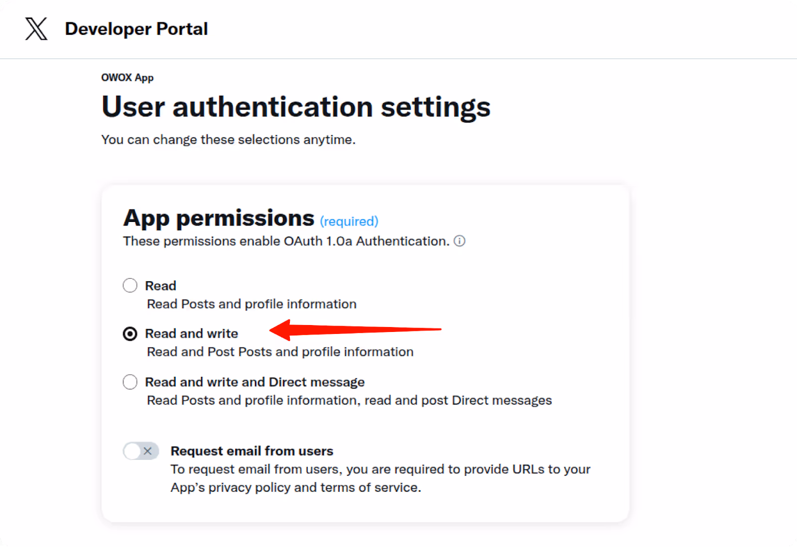 User authentication settings in the X Developer Portal showing the selected "Read and write" app permission.  i-shadow