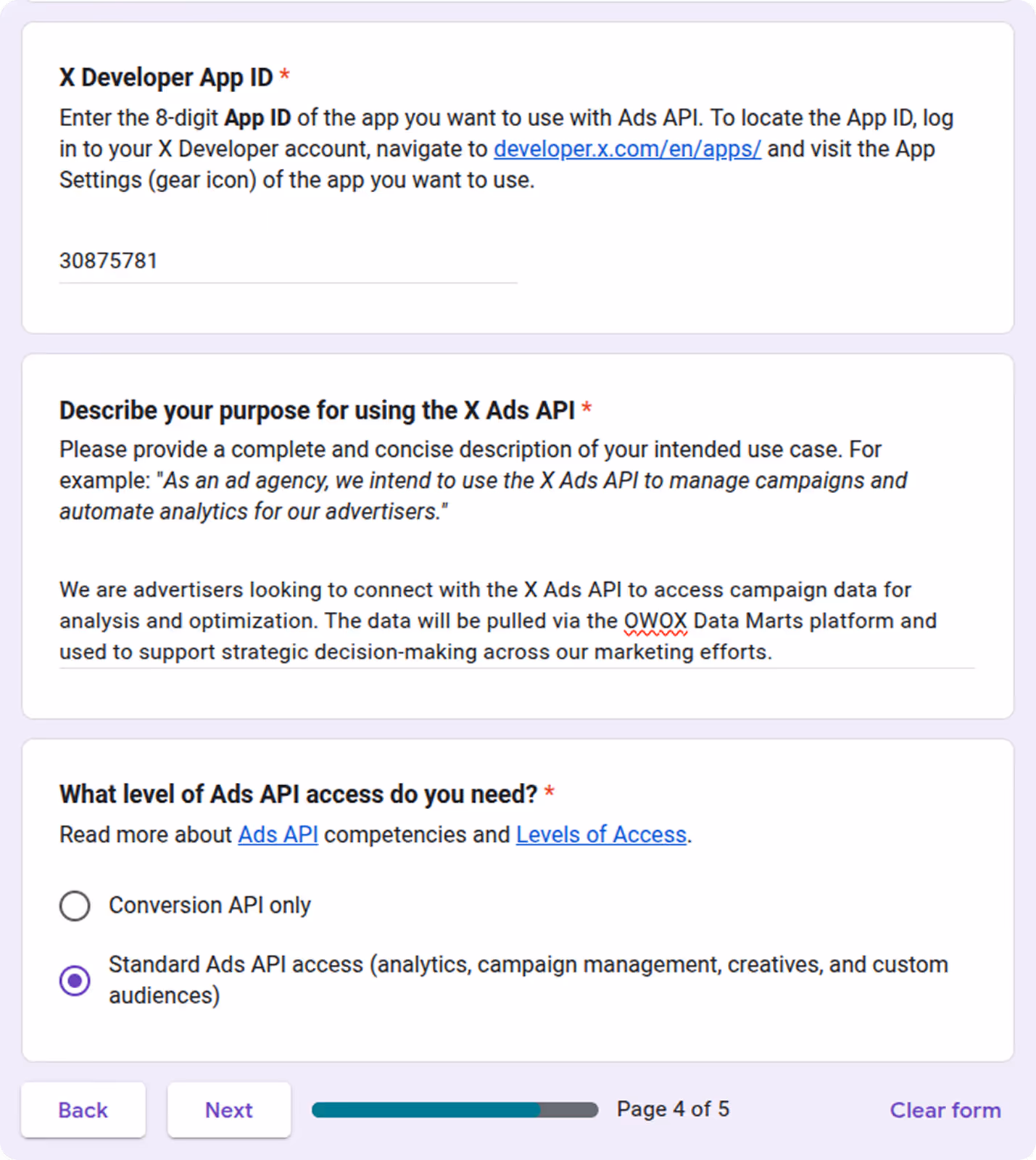 X Ads API request form showing fields for App ID, usage description, and selection of Standard Ads API access. i-shadow
