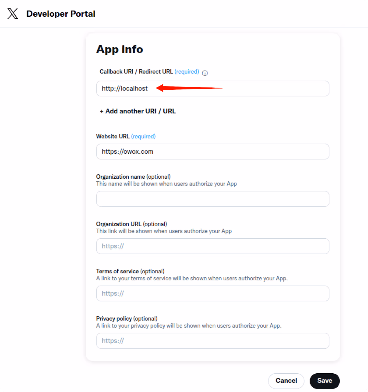 App info configuration in the X Developer Portal with the Callback URI for OAuth setup. i-shadow