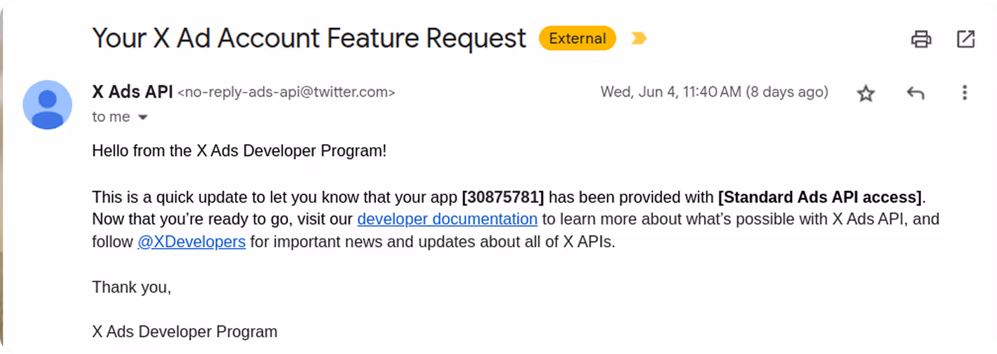 Email notification confirming Standard Ads API access approval for the submitted X Ads App ID. i-shadow