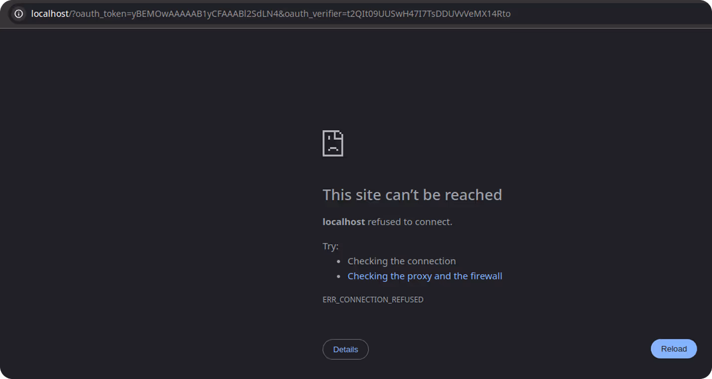 Browser error page showing "localhost refused to connect" after redirect from X Ads API authorization. i-shadow