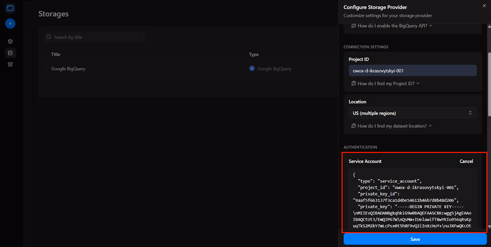 OWOX connector configuration labeled ‘OWOX Service Account JSON Field’ where users paste their service account key for authentication. i-shadow