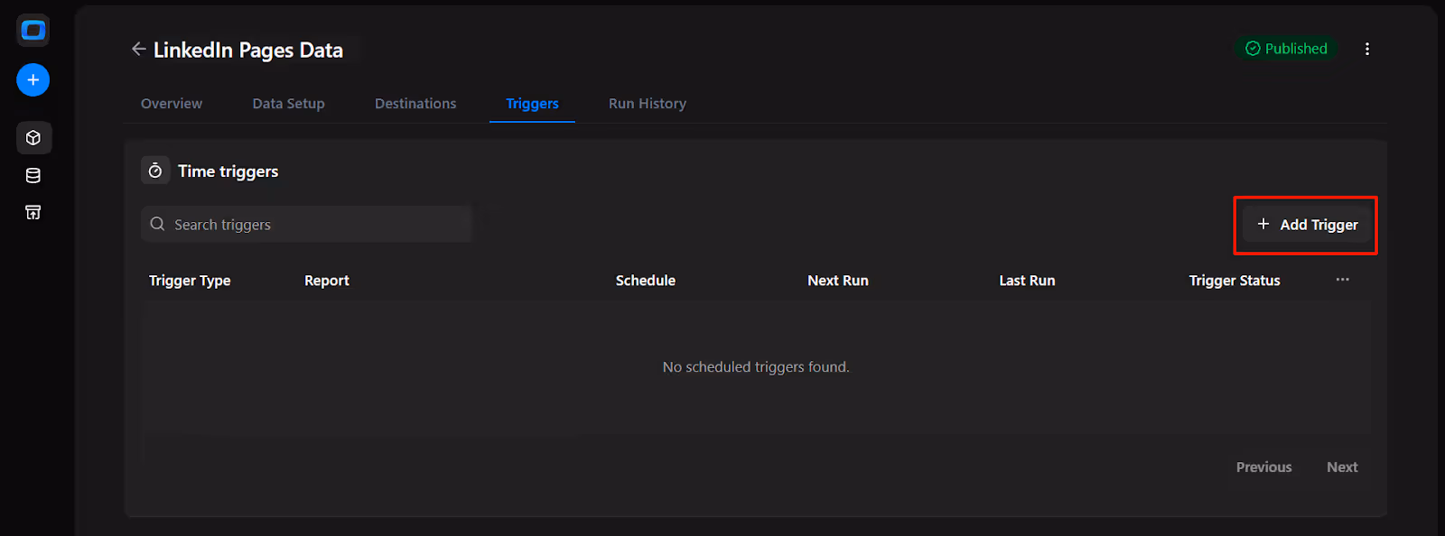 Triggers tab in OWOX Data Marts showing the option to add a new time trigger, with no scheduled triggers currently listed for the LinkedIn Pages Data mart. i-shadow