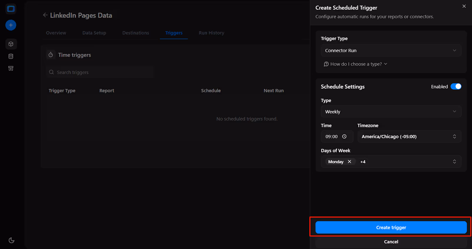 OWOX Data Marts time trigger setup showing schedule details and the 'Create trigger' button to automate data refresh based on the selected configuration.  i-shadow