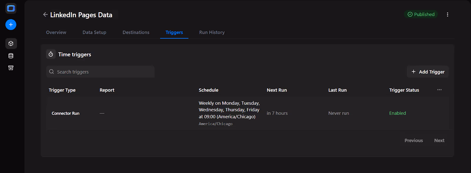 OWOX Data Marts trigger summary screen showing active time trigger details, including schedule, status, and upcoming run for LinkedIn Pages. i-shadow