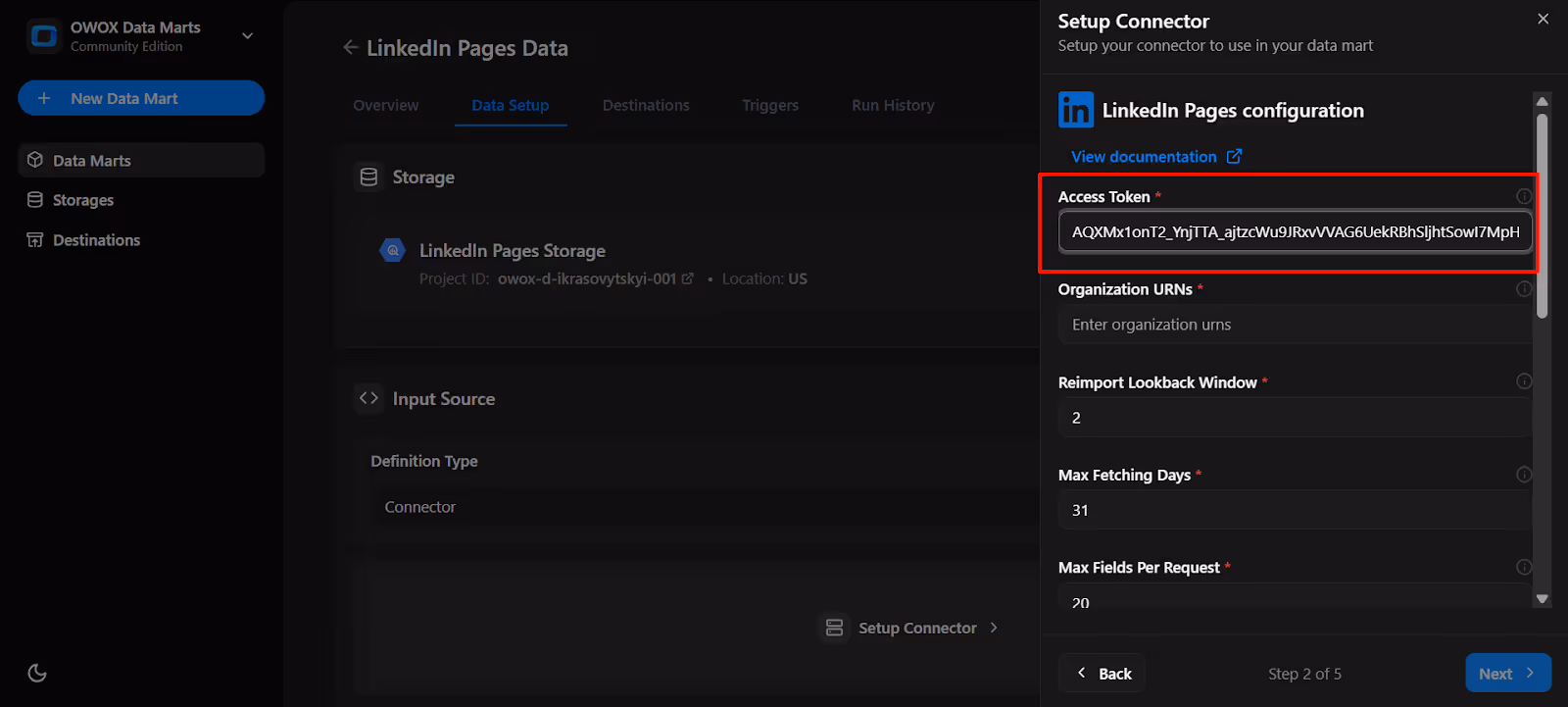 OWOX connector configuration panel with the LinkedIn Pages access token field filled in for authentication. i-shadow