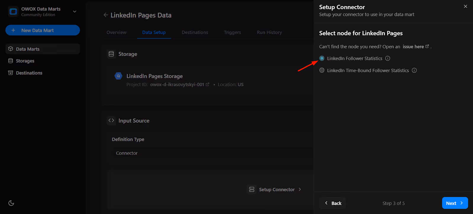 Node selection menu for LinkedIn Pages with options like ad-account/ads. i-shadow