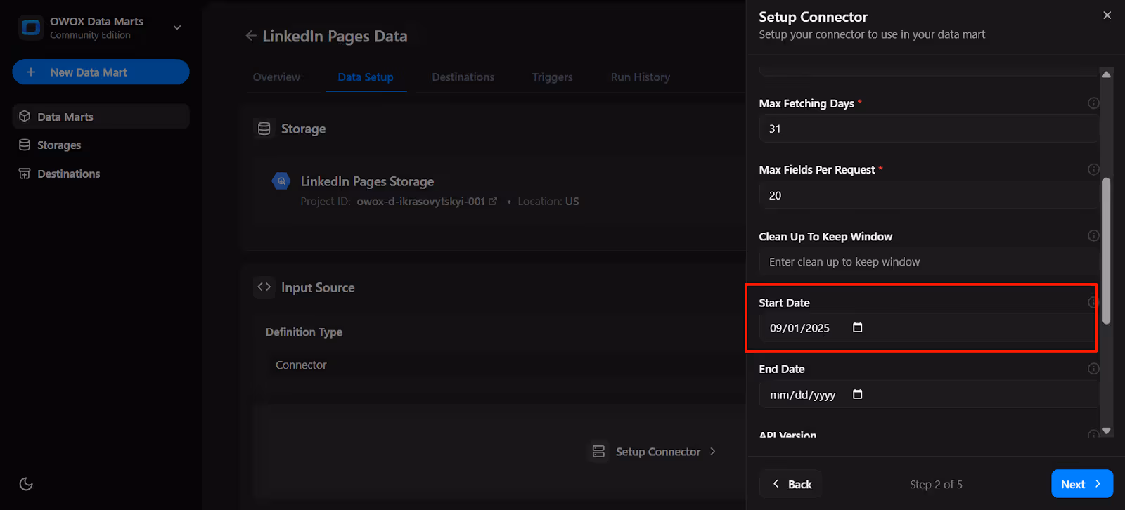 Connector configuration form with the Start Date field set to 2025-07-01 for fetching data from LinkedIn Pages Ads. i-shadow