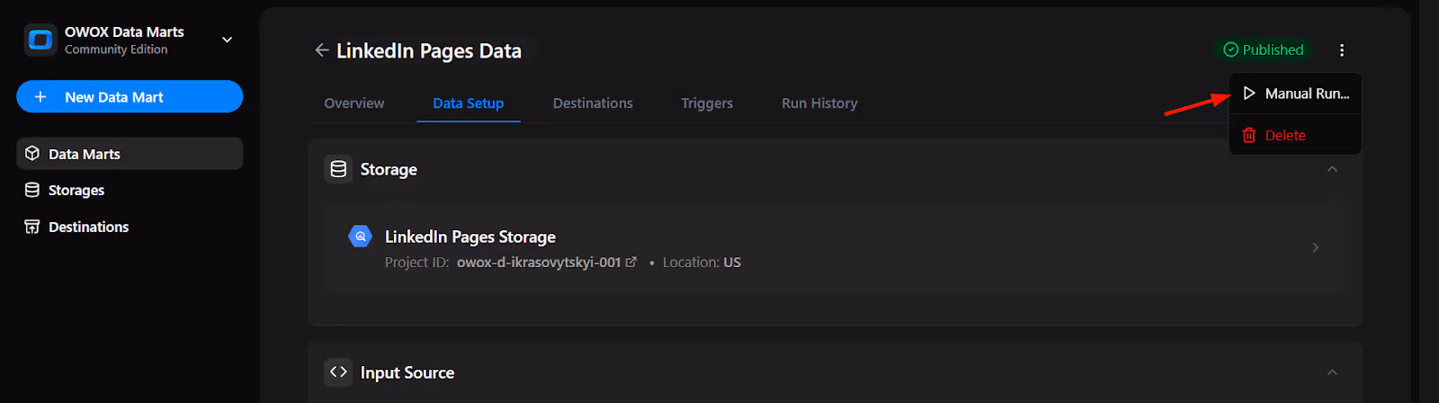 OWOX Data Marts interface with the ‘Manual Run’ button visible and the 3-dot menu expanded. i-shadow