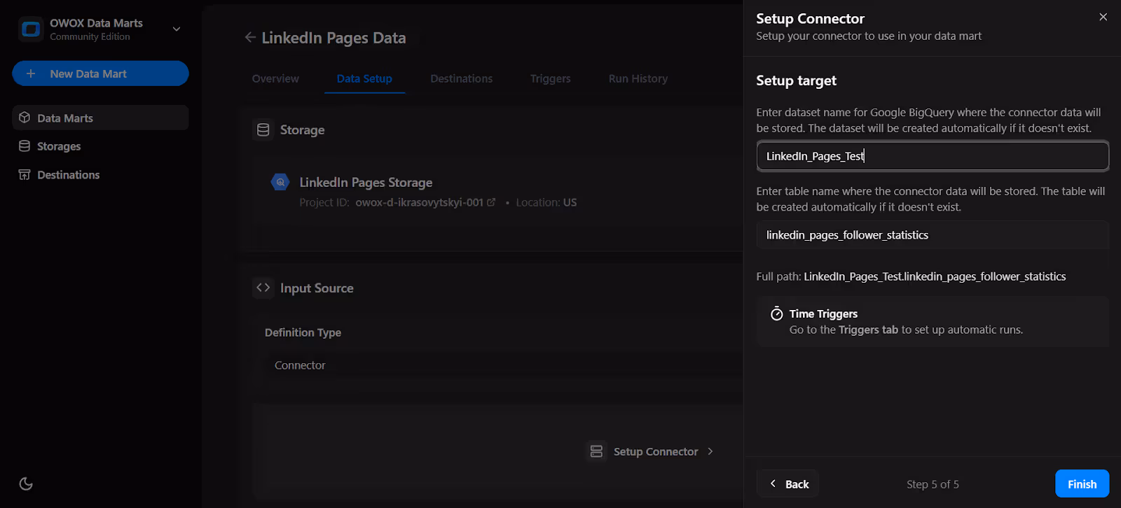 Final setup screen showing the target dataset and table path in BigQuery with time triggers hint enabled. i-shadow