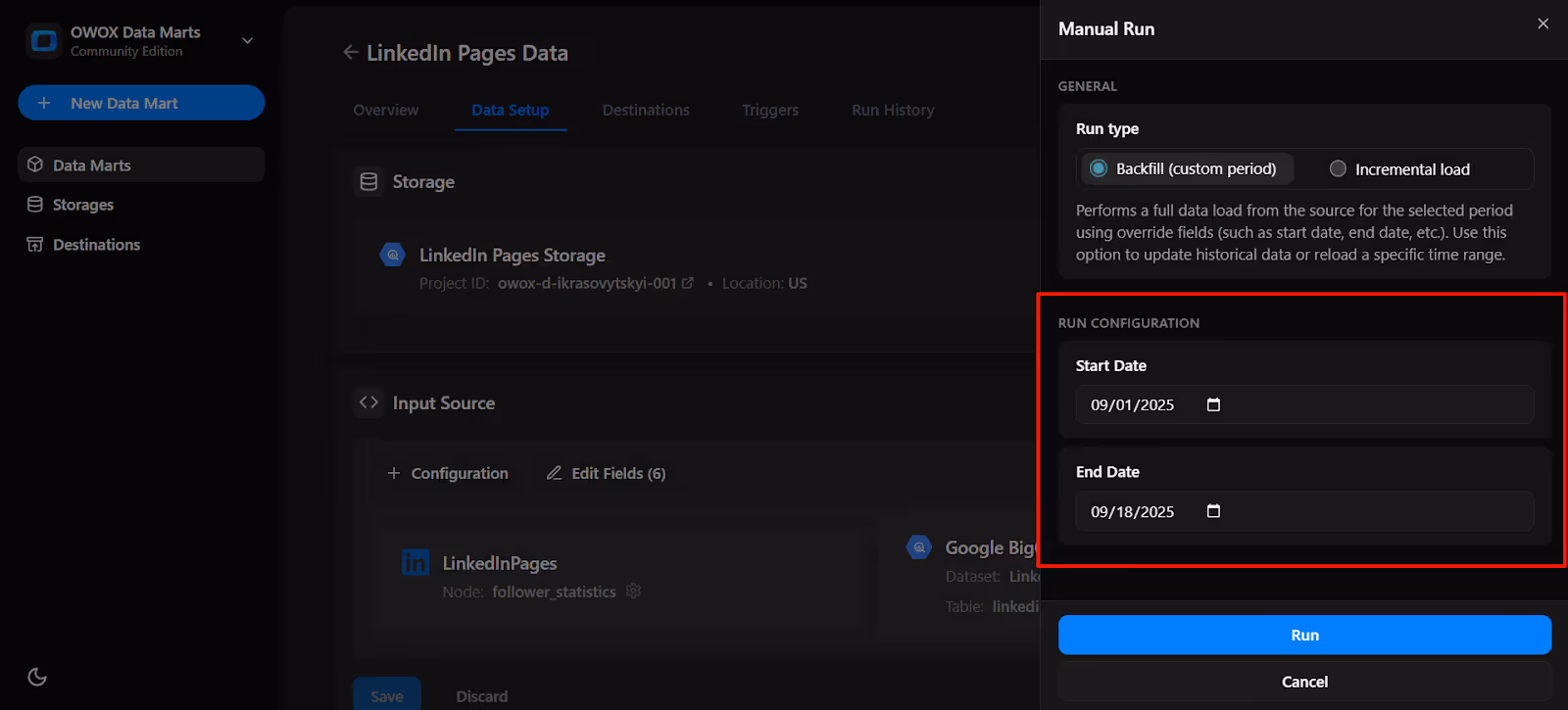 Manual Run configuration panel in OWOX Data Marts showing run type options and fields to set start and end dates. i-shadow