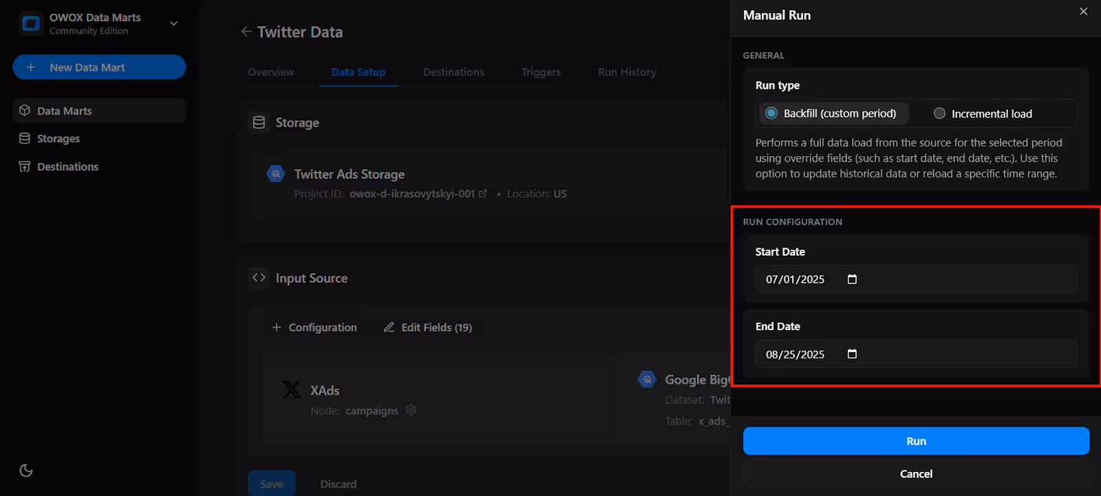 Manual Run panel in OWOX Data Marts for Twitter Ads, showing start and end date selection for a backfill data load. i-shadow