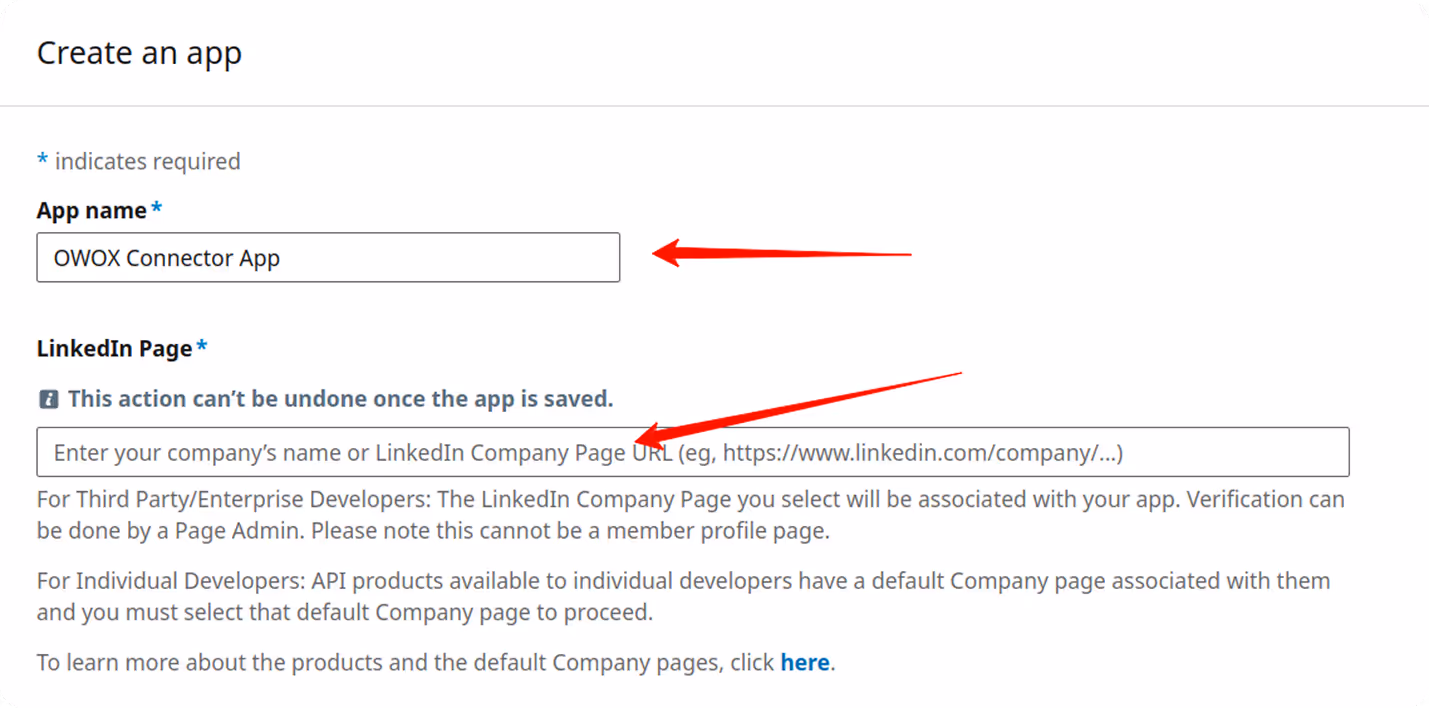 Form fields in the LinkedIn Developer portal to input App name and LinkedIn Company Page URL. i-shadow