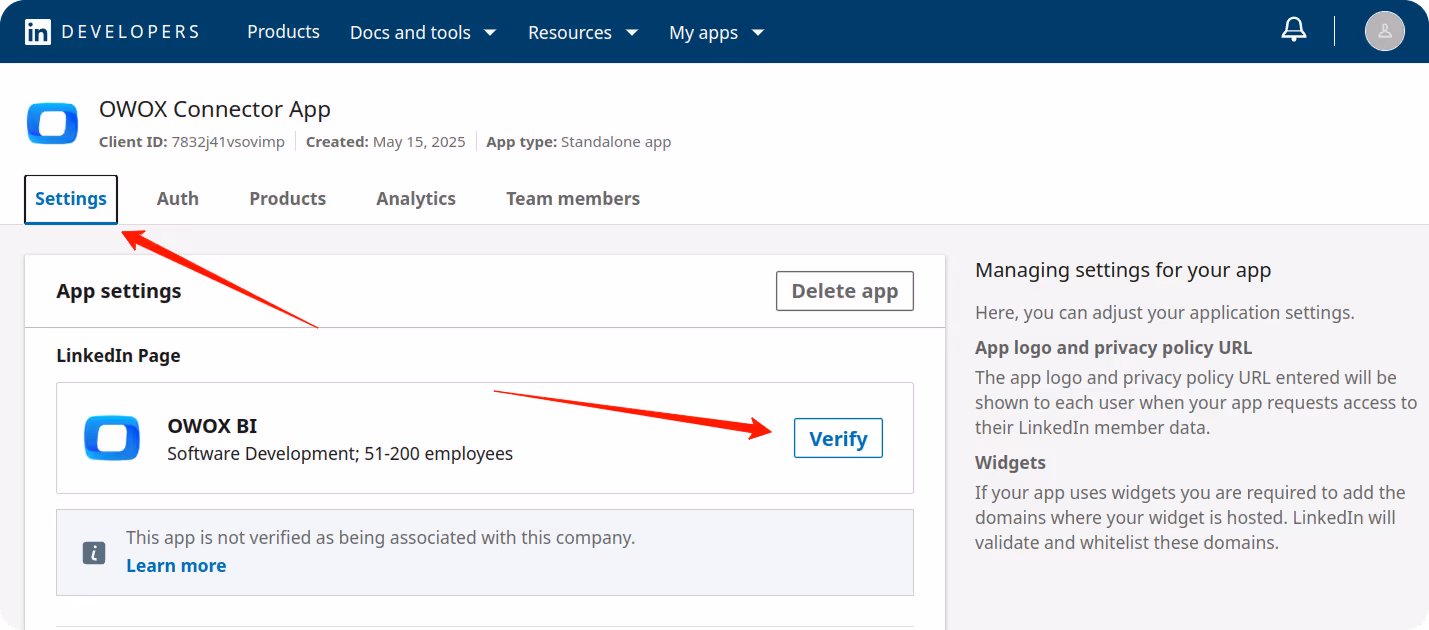 LinkedIn Developer app settings showing the company page and "Verify" button for page admin approval. i-shadow