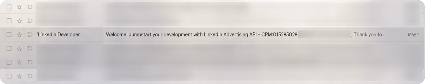 Email inbox displaying LinkedIn Developer approval email confirming access to the Advertising API. i-shadow
