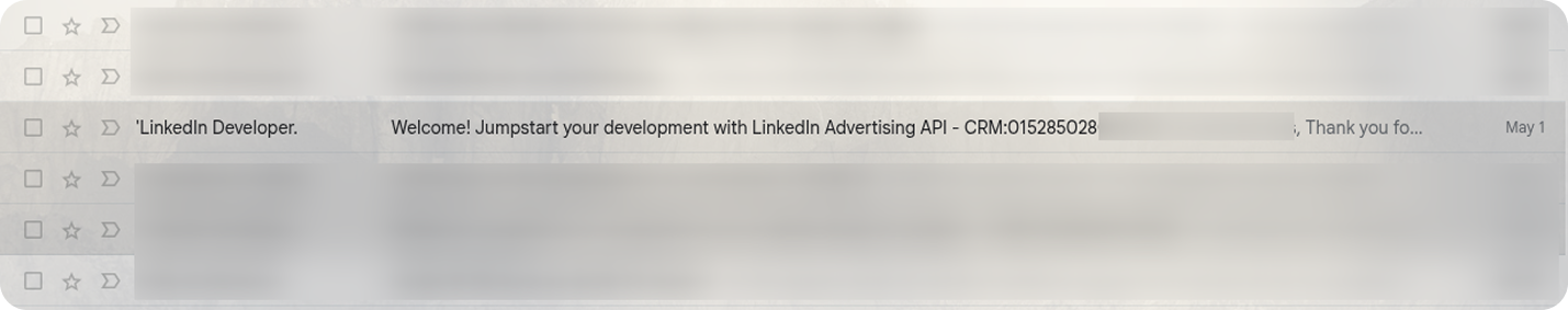 Email inbox displaying LinkedIn Developer approval email confirming access to the Advertising API.  i-shadow