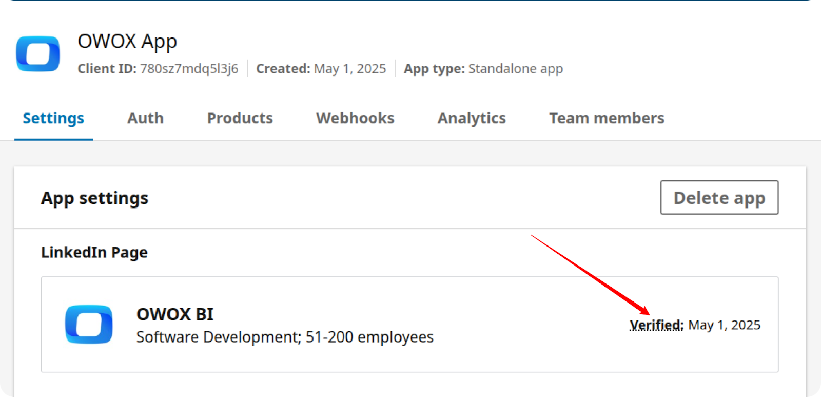 LinkedIn Developer app settings showing the app connected to a company page with a verification date displayed. i-shadow