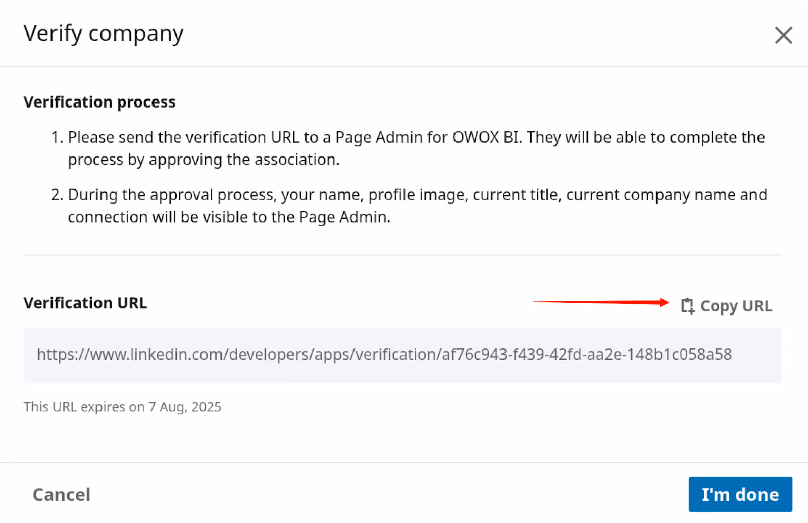 LinkedIn company verification screen showing a verification URL to be shared with a Page Admin for approval. i-shadow