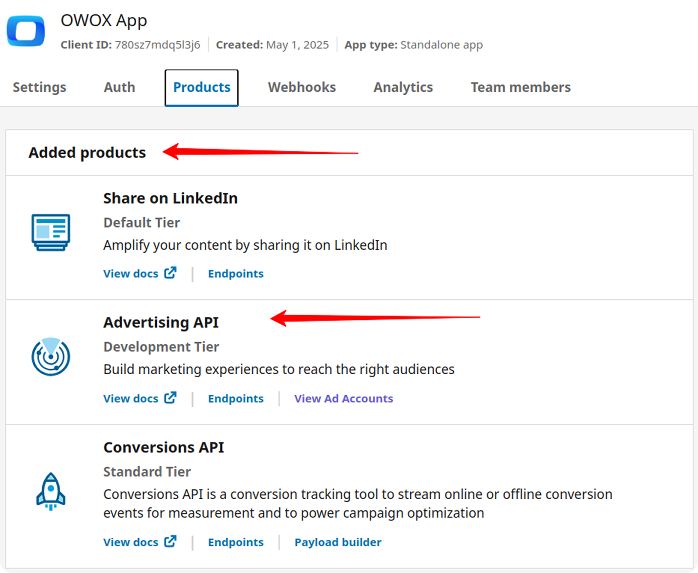 LinkedIn Developer Products tab showing "Advertising API" listed under Added Products.  i-shadow
