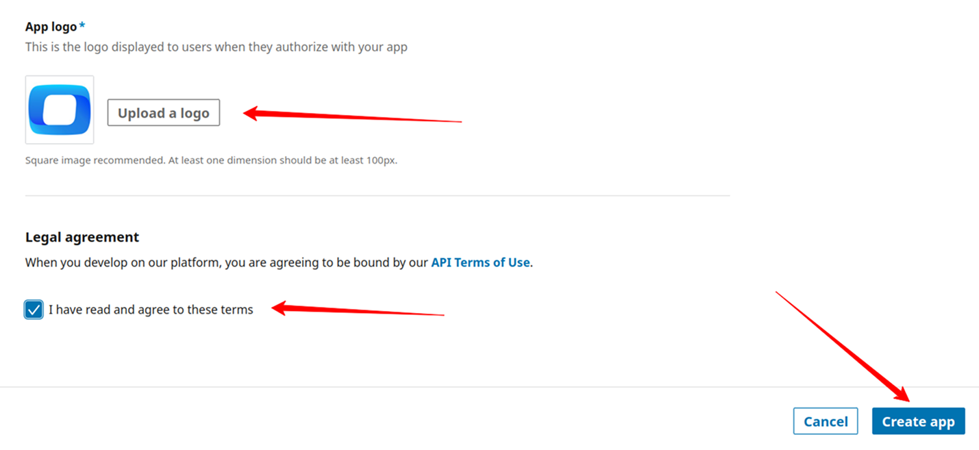 App creation screen in LinkedIn Developer portal with logo upload, legal agreement checkbox, and "Create app" button highlighted. i-shadow