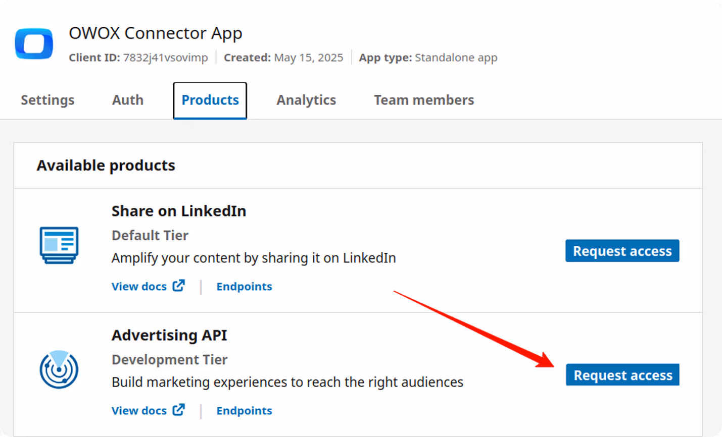 LinkedIn Developer portal Products tab showing "Advertising API" option with "Request access" button. i-shadow