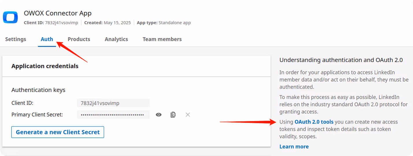 LinkedIn Developer Auth tab with "OAuth 2.0 tools" link and "Generate a new Client Secret" option. i-shadow