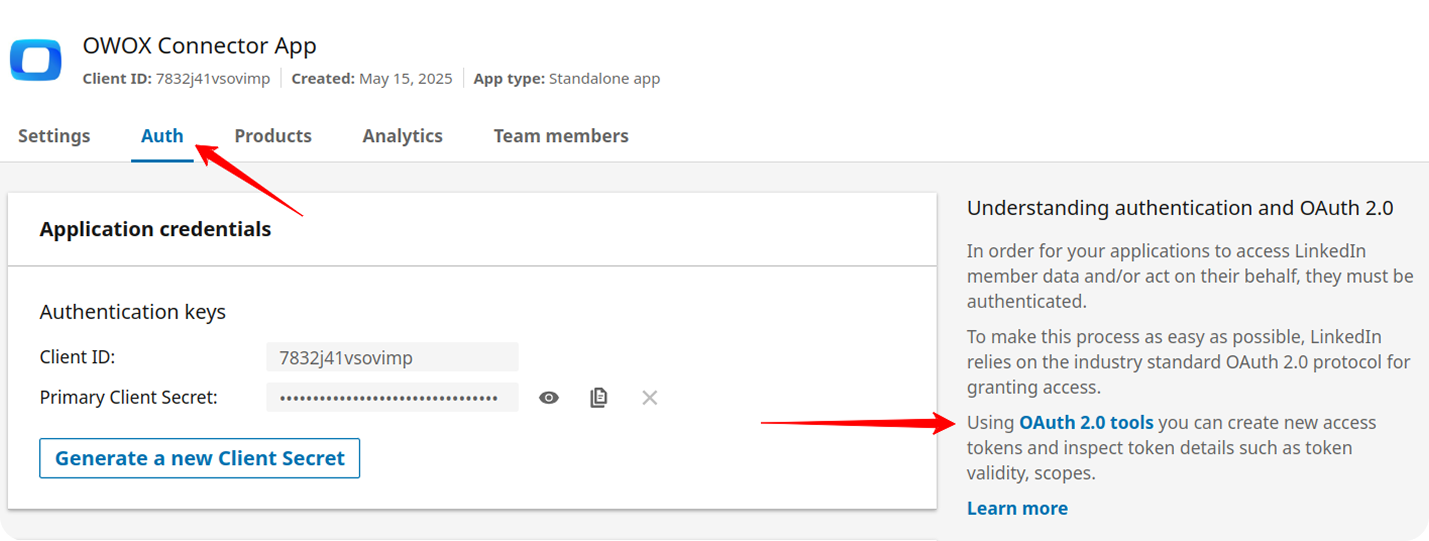 LinkedIn Developer Auth tab with "OAuth 2.0 tools" link and "Generate a new Client Secret" option.  i-shadow