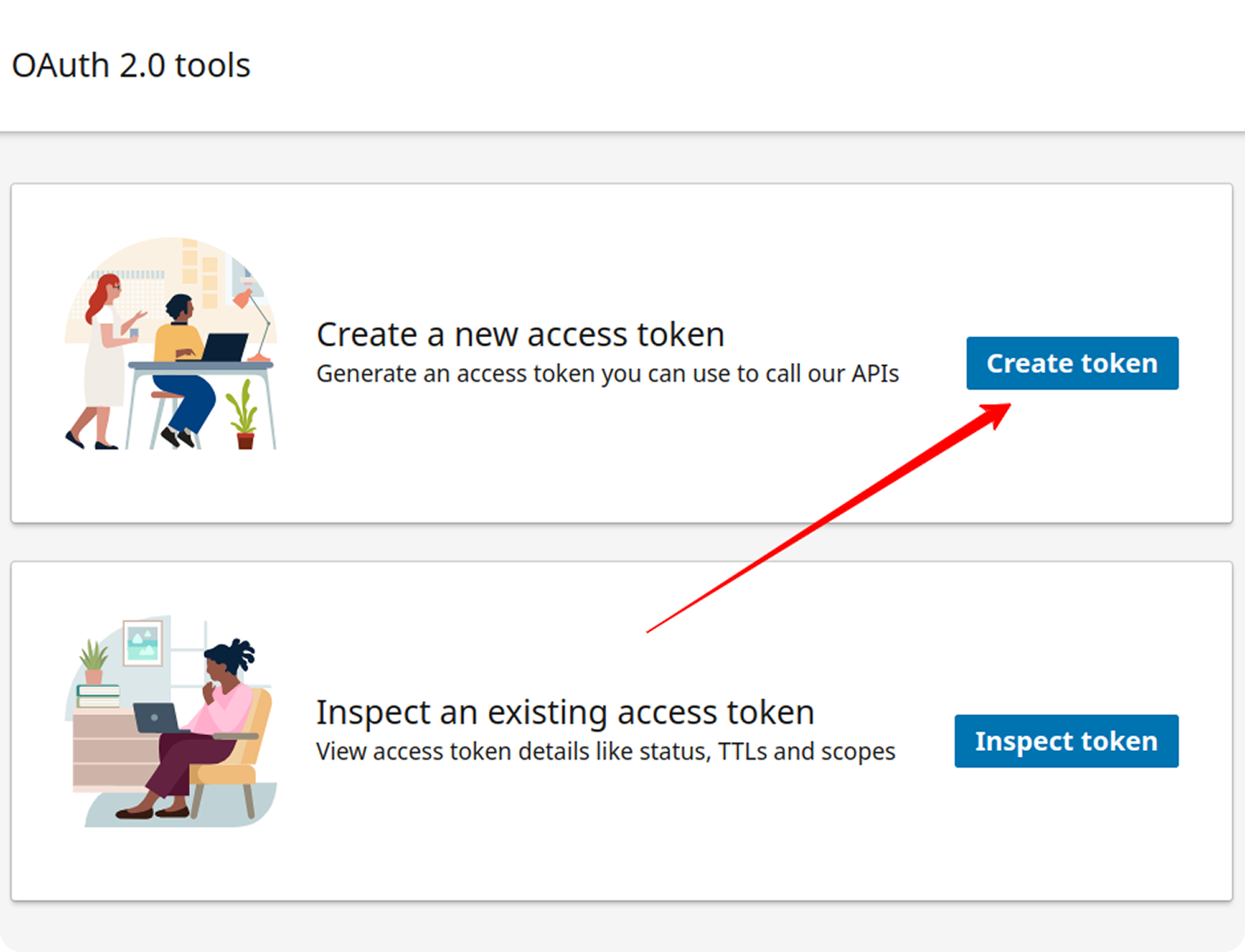 OAuth 2.0 tools screen in LinkedIn Developer portal with "Create token" button highlighted.  i-shadow