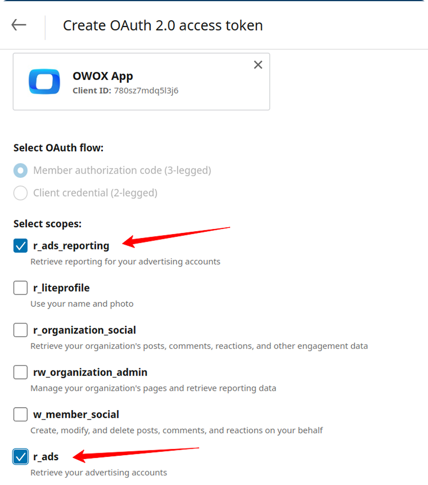 OAuth token creation screen with r_ads and r_ads_reporting scopes selected for LinkedIn Ads access. i-shadow