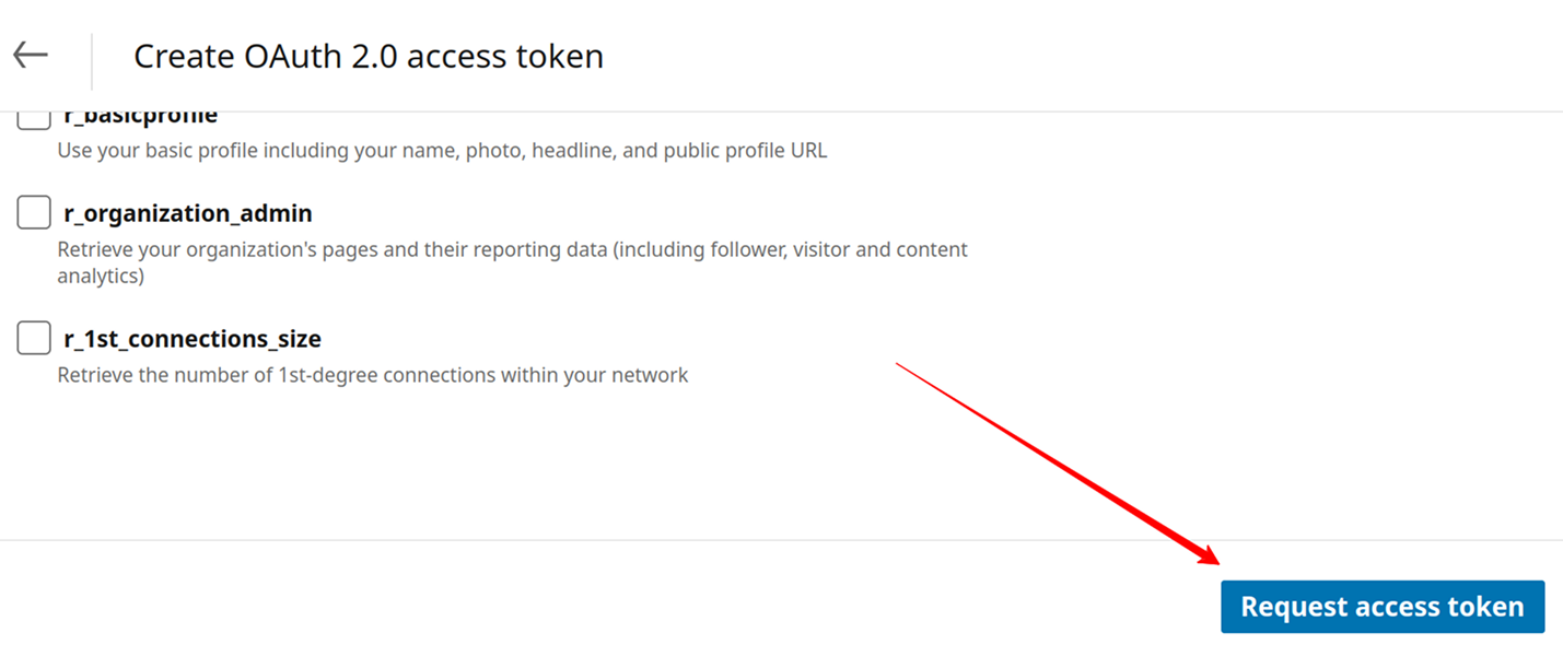 OAuth interface showing the "Request access token" button to finalize LinkedIn Ads API authorization.  i-shadow