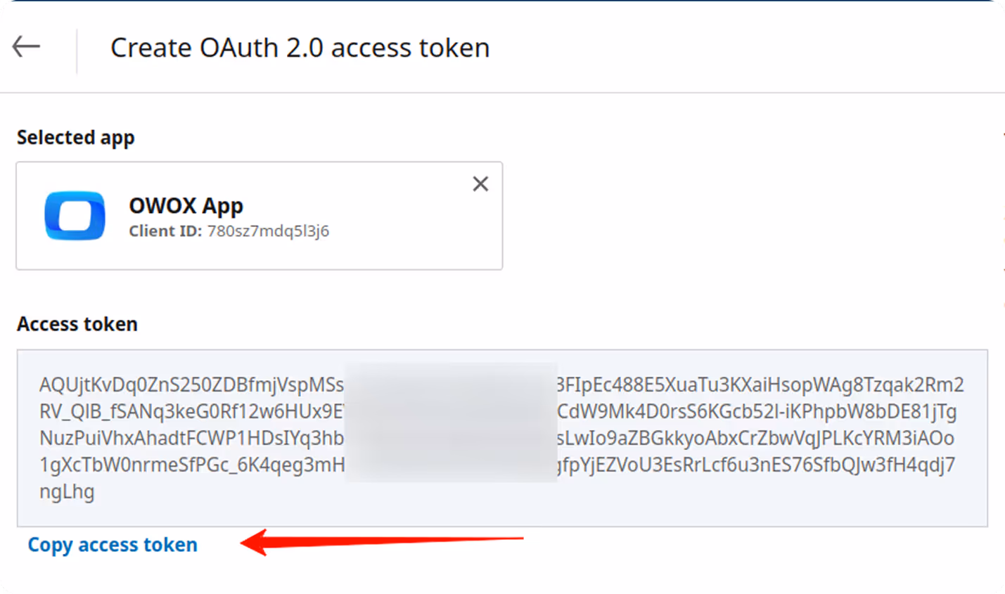 OAuth access token screen displaying the generated LinkedIn Ads token with the "Copy access token" link highlighted. i-shadow