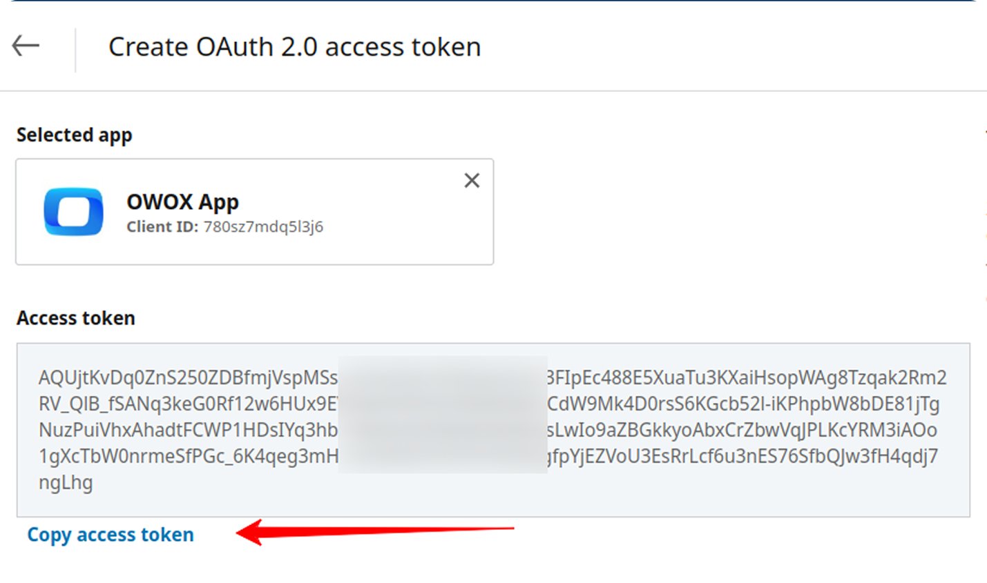OAuth access token screen displaying the generated LinkedIn Ads token with the "Copy access token" link highlighted. i-shadow