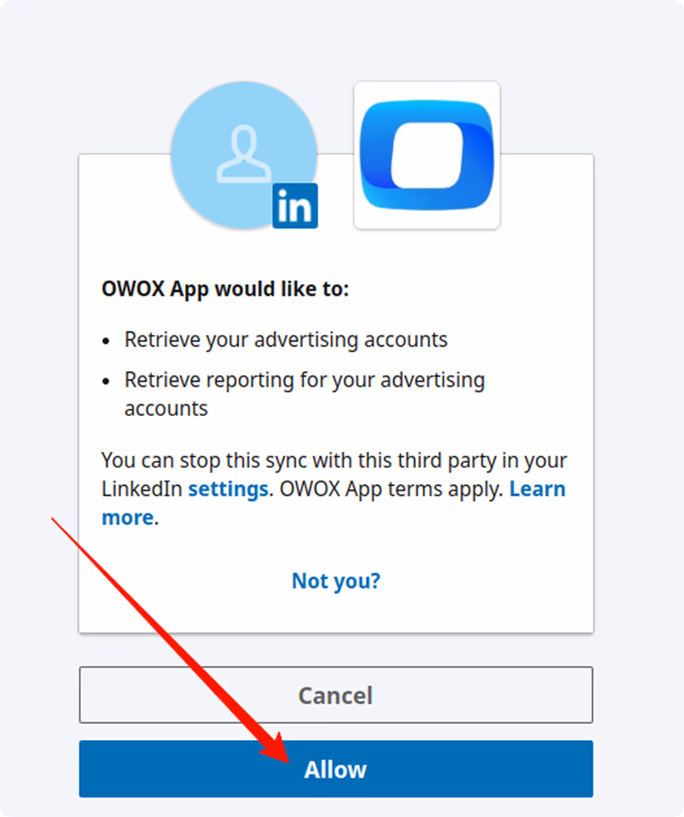 LinkedIn consent screen asking for permission to access and report on advertising accounts with the "Allow" button highlighted. i-shadow
