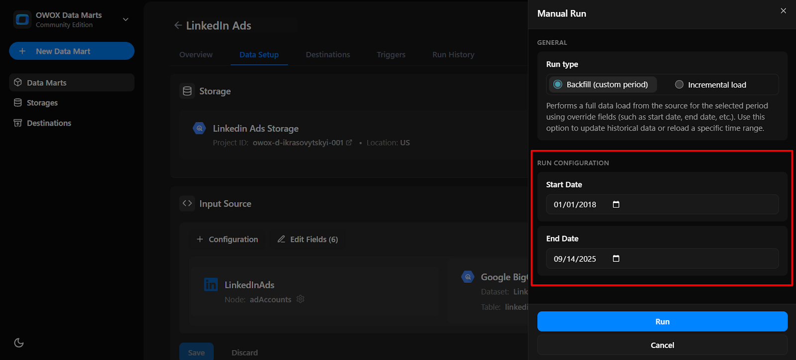 OWOX Data Marts Community Edition interface showing LinkedIn Ads data setup with manual run options, including start and end date configuration. i-shadow