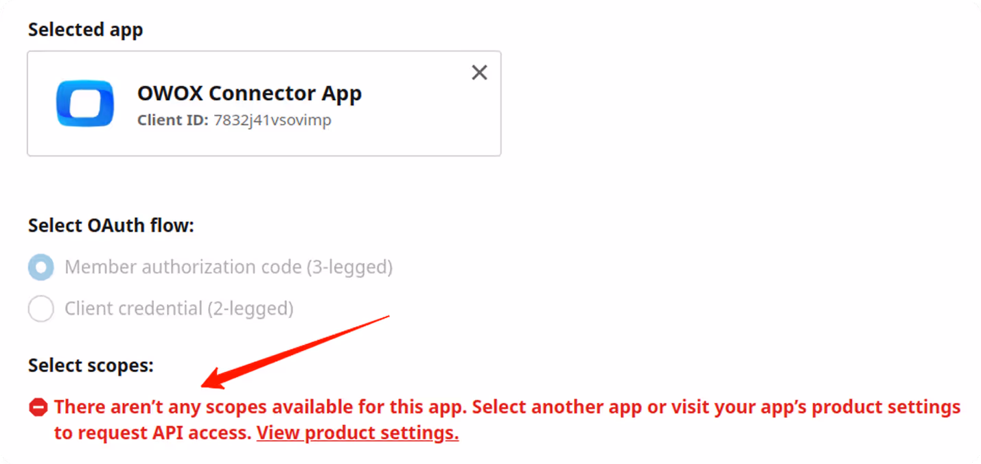 LinkedIn OAuth screen showing error message for missing scopes and instructions to request Advertising API access. i-shadow