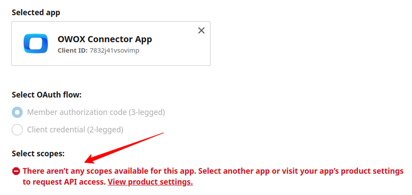 LinkedIn OAuth screen showing error message for missing scopes and instructions to request Advertising API access.  i-shadow